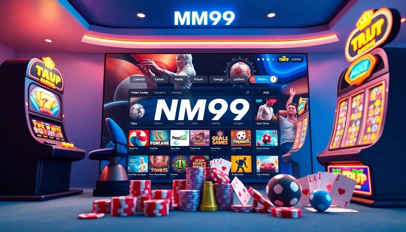 Dynamic display of MM99 gambling platform with casino games and sports betting.