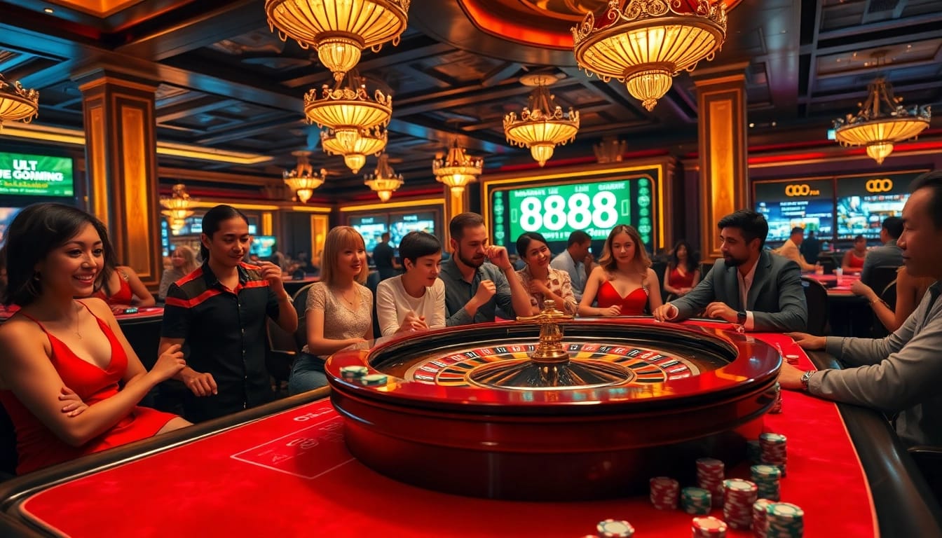 Players enjoy excitement at u 888 casino with roulette, chips, and vibrant gaming atmosphere.