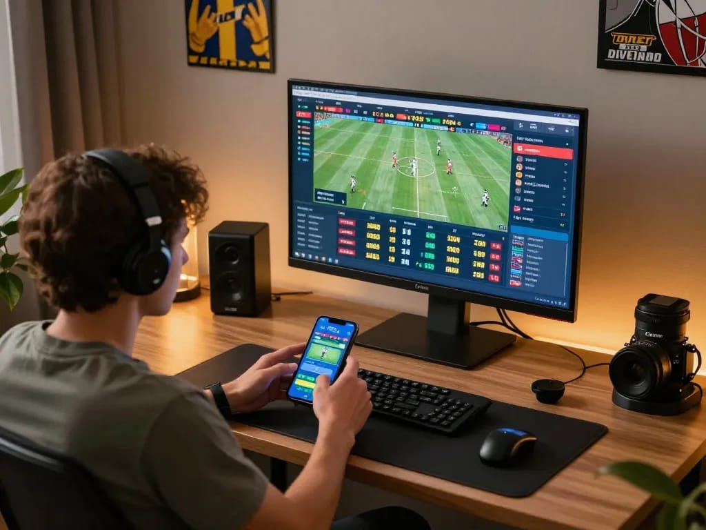 Person placing sports bets with thabet interface on a sleek modern desk