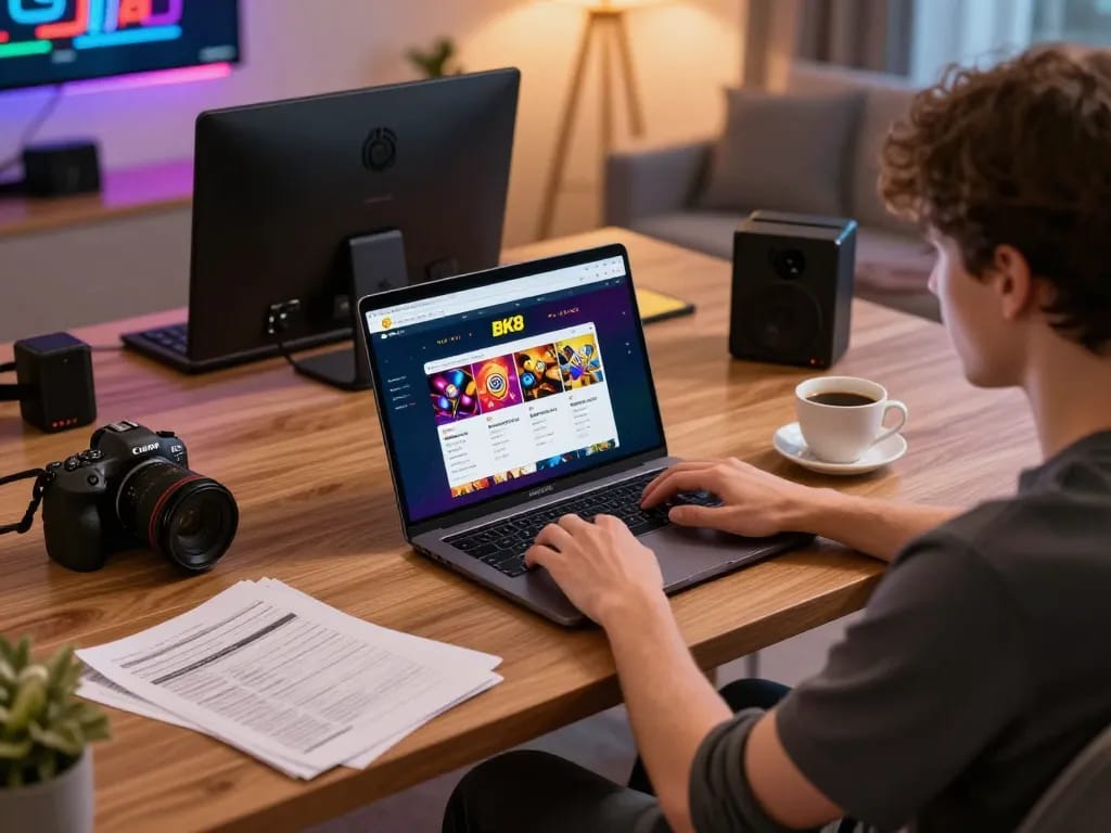 Engaging player enjoying BK8 online gaming experience at a modern workspace, laptop showing casino interface.