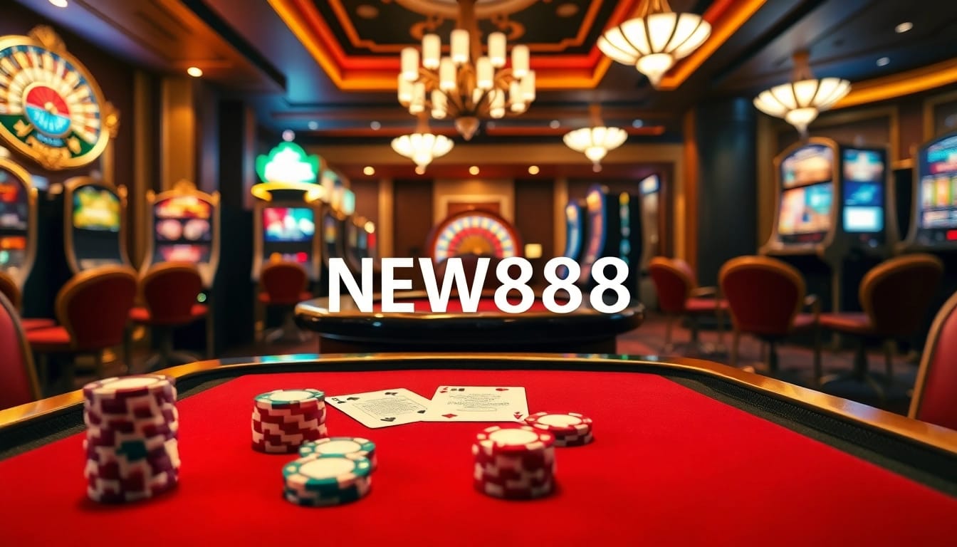 Experience the thrill of NEW888 with luxurious casino tables and vibrant gaming elements.