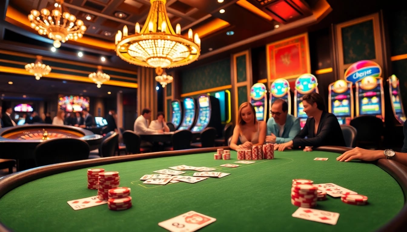 High-stakes poker action at xx88 casino, with vibrant chips and illuminated slot machines.