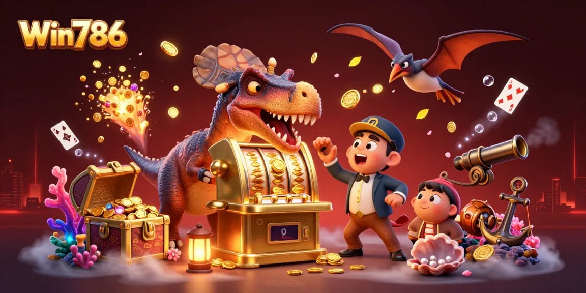 Win786 slots jackpot scene with a dinosaur and casino elements creating excitement.