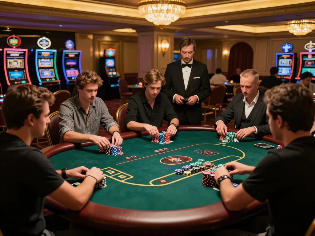 Players at okwin poker table strategizing their bets in an upscale casino.