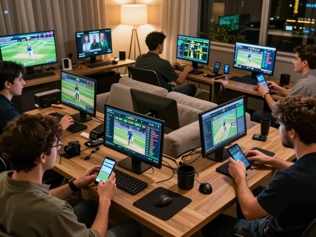 Engaged players placing bets on BK33 cricket betting platform in a cozy home setting