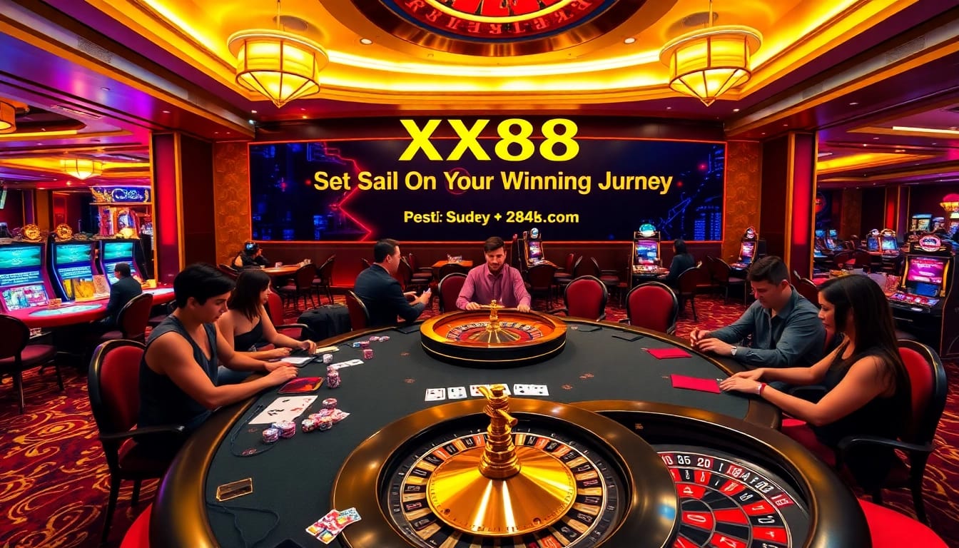 Players celebrating a win at the XX88 Boats casino poker table with colorful chips and cards.