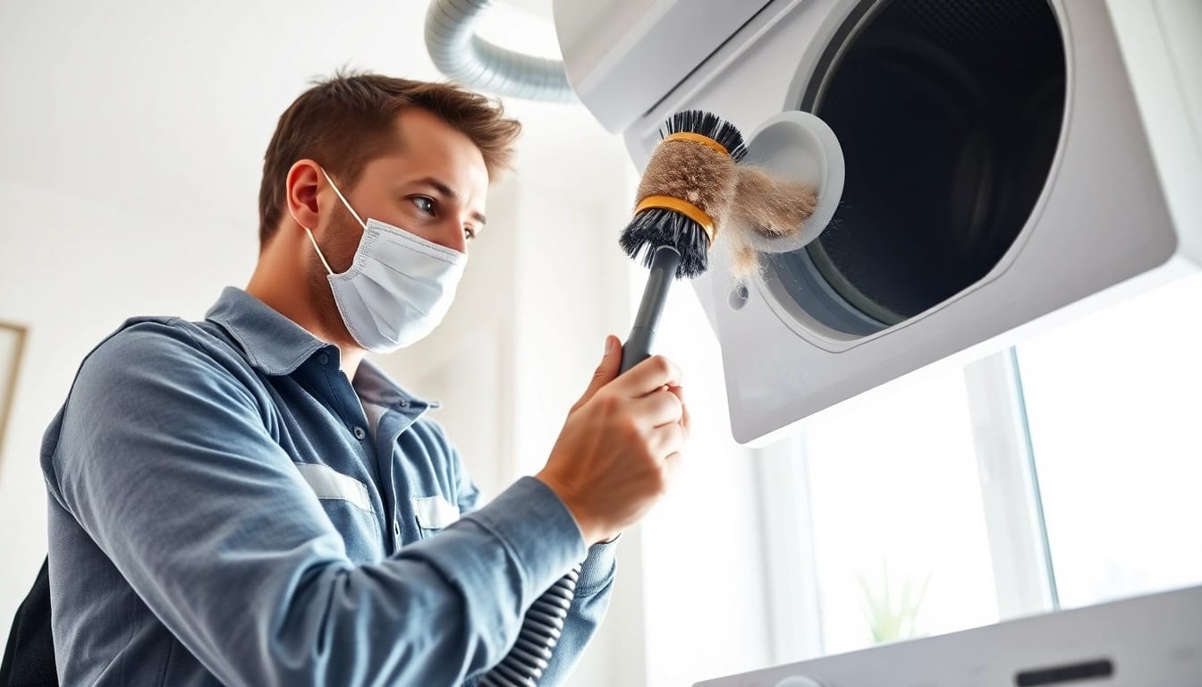 Dryer Vent Cleaning service in action, showcasing a technician removing lint and ensuring safety.