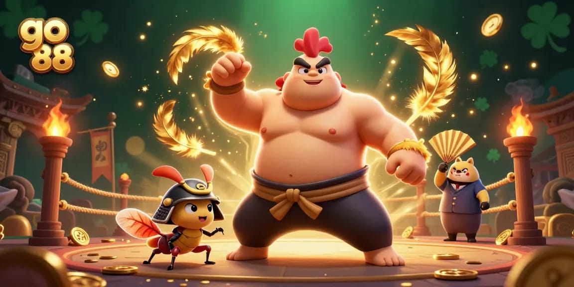 Experience the thrill of go 88 with a powerful sumo rooster and dramatic casino elements.