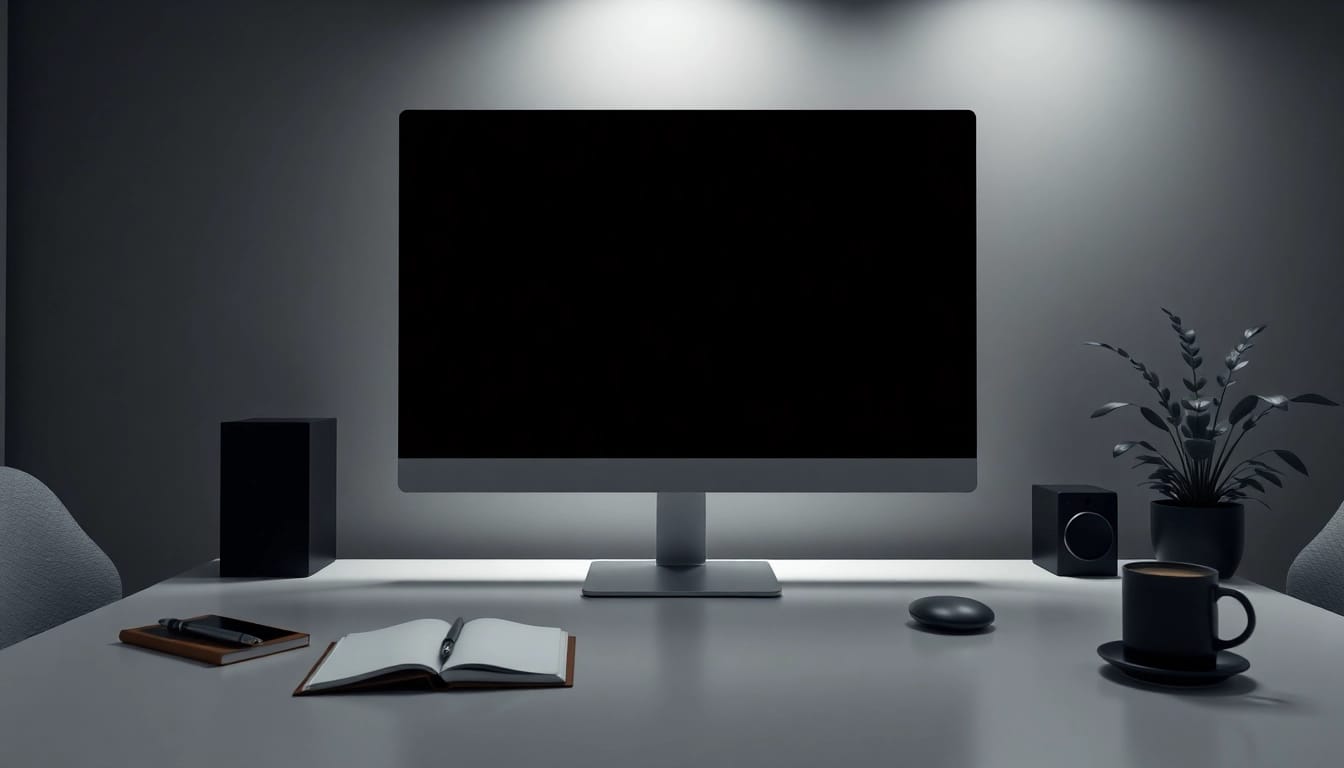 Full black screen displayed on a modern monitor in a minimalist workspace
