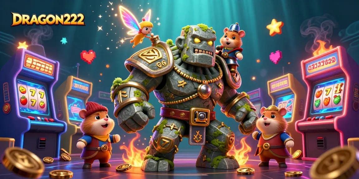Experience the thrill of DRAGON222 with vibrant 3D casino elements including slot reels and magical characters.