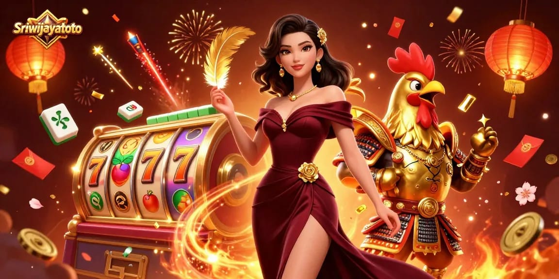 Sriwijayatoto showcases an exciting online casino scene with glamorous characters and spinning slot reels.