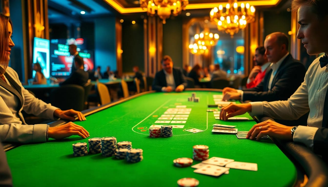 Experience the thrill of idn poker at a luxury casino table, featuring players, poker chips, and cards.