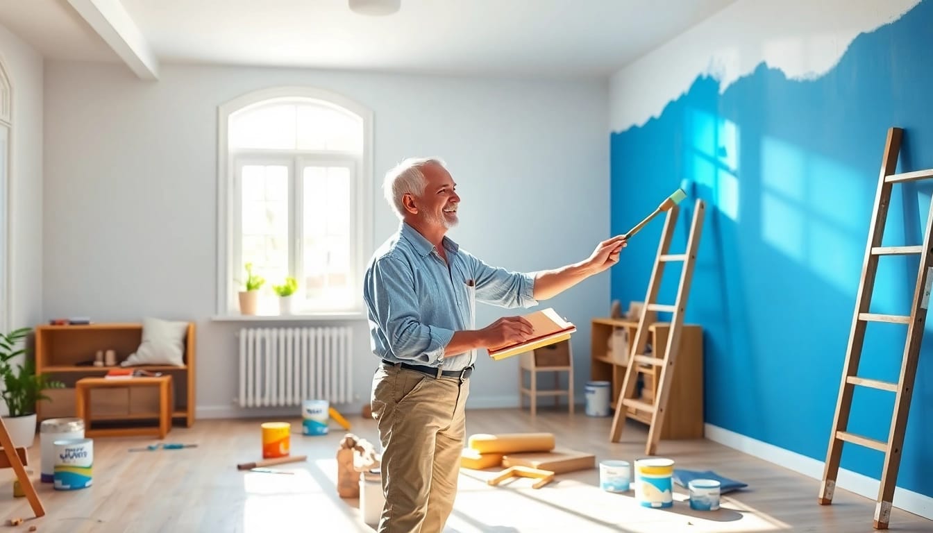 Painting Contractors applying vibrant blue paint in a bright living room