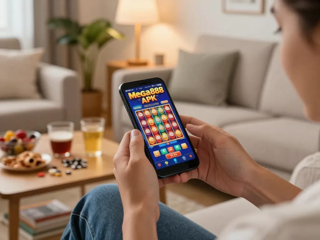 Permainan Mega888 APK di telefon pintar dengan suasana rumah yang selesa dan santai
