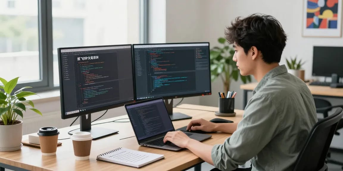 Developer using dual monitors in a modern office setting for 纸飞机中文版官网 coding.