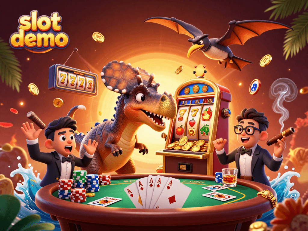 Menghajarkan slot demo dengan dinosaurus memukul mesin slot, menghasilkan koin jackpot.