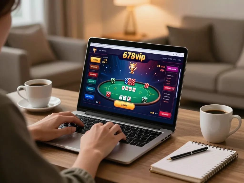 Player enjoying online casino experience at 678vip with laptop and strategic notes.