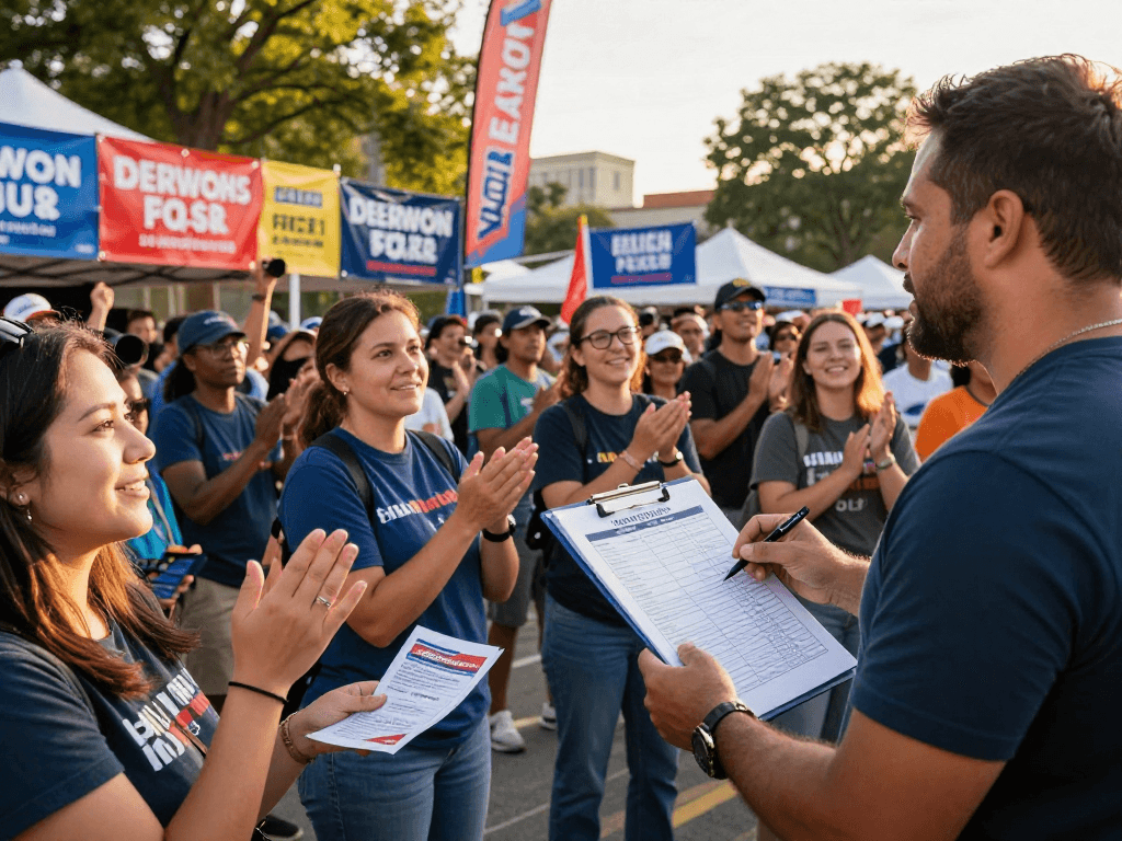 Engaged supporters at a political campaign event learning how to raise money for a political campaign in 2026.