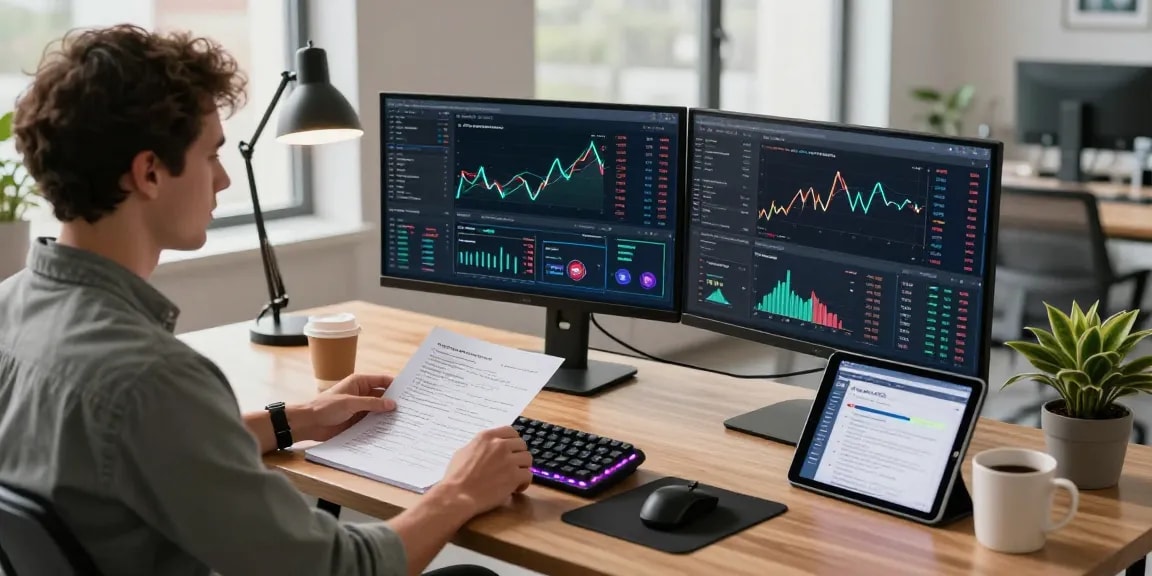 Developer analyzing real-time data on Asian stock index API in a modern workspace