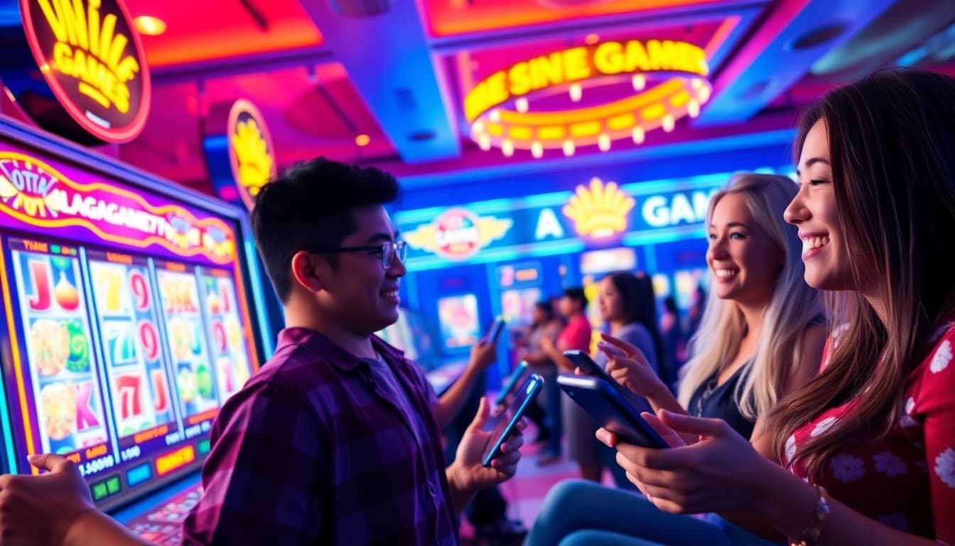 LAGAGAME77 online game environment with players enjoying slot games in a vibrant, neon-lit atmosphere.