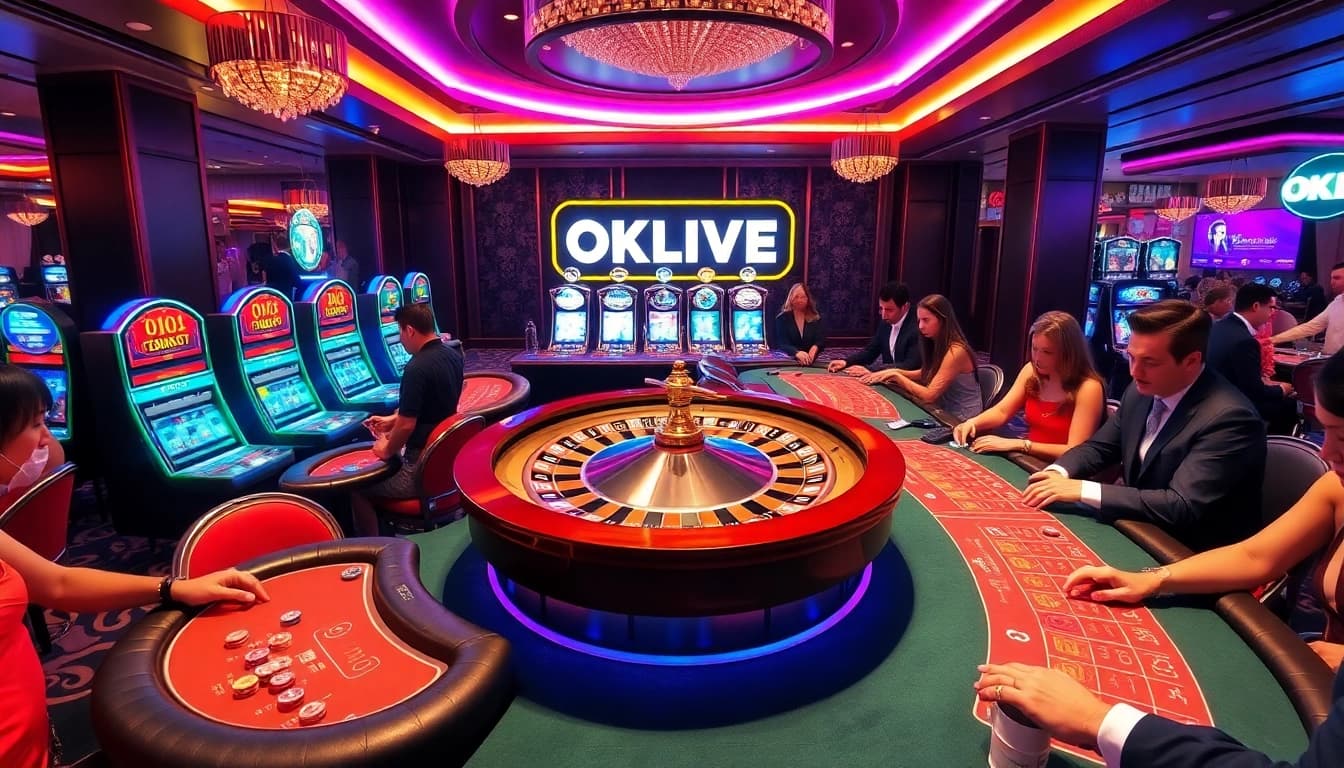 OKLIVE-themed casino atmosphere showcasing roulette and poker games with engaged players.