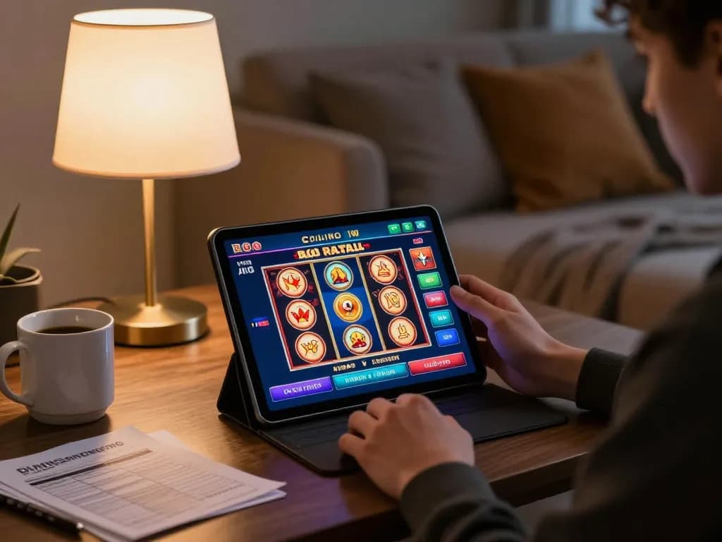 Engaging in online casinos Canada with tablet showcasing vibrant slot games and bankroll notes.