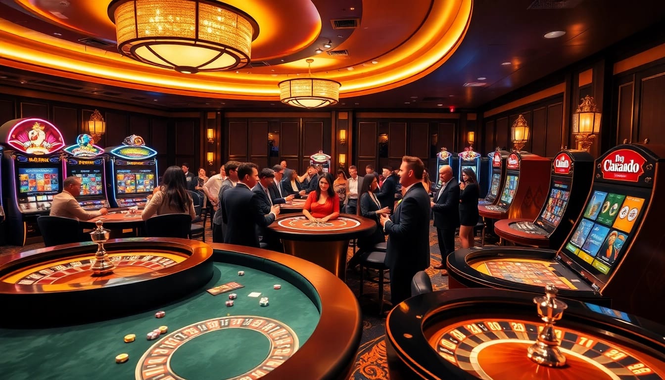 Scène dynamique de casino en ligne avec des joueurs à des tables vibrantes et des machines à sous lumineuses.
