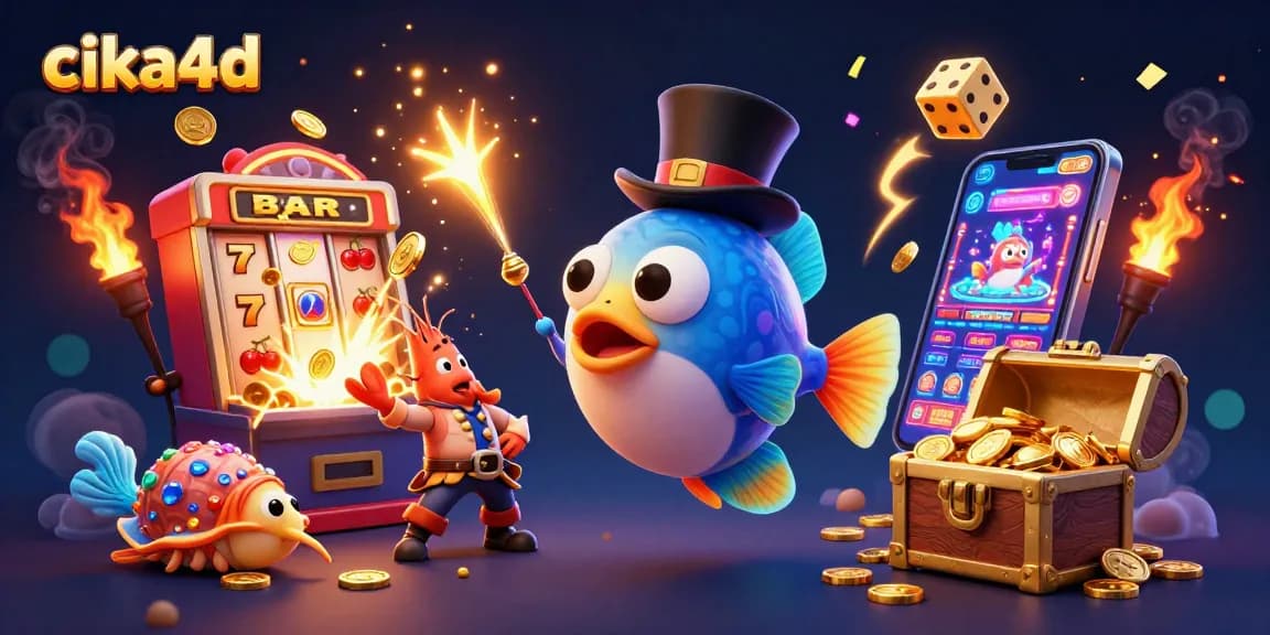 Engage with cika4d's thrilling slot games featuring a vibrant 3D illustration of dynamic characters and symbols.