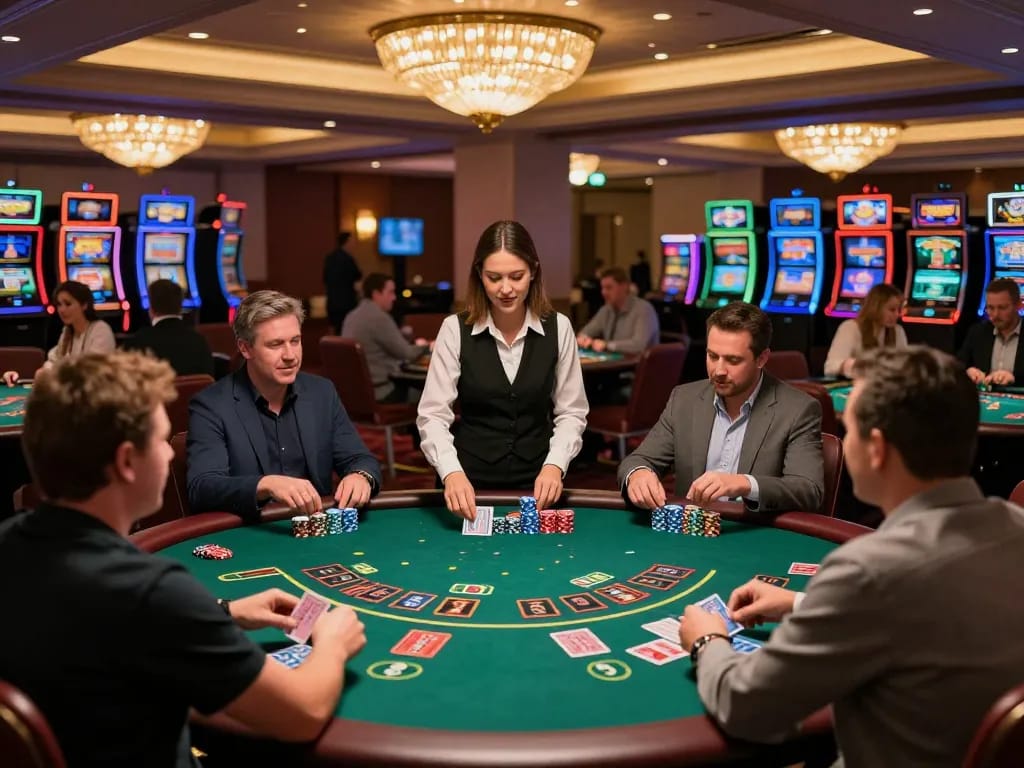 Situs 1k players enjoying strategic blackjack gameplay at an upscale casino