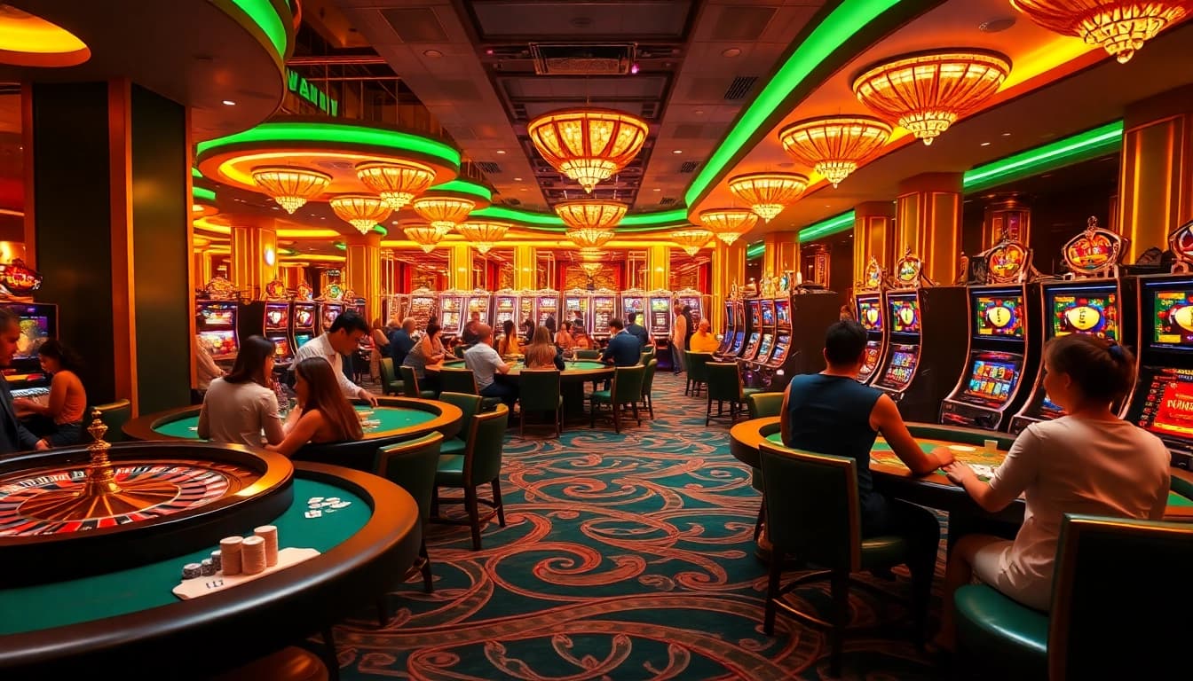 EE88 players celebrate wins at an upscale casino, showcasing poker tables and vibrant slot machines.
