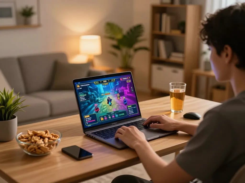 Engaging in a tai xiu game on a laptop in a cozy home setup