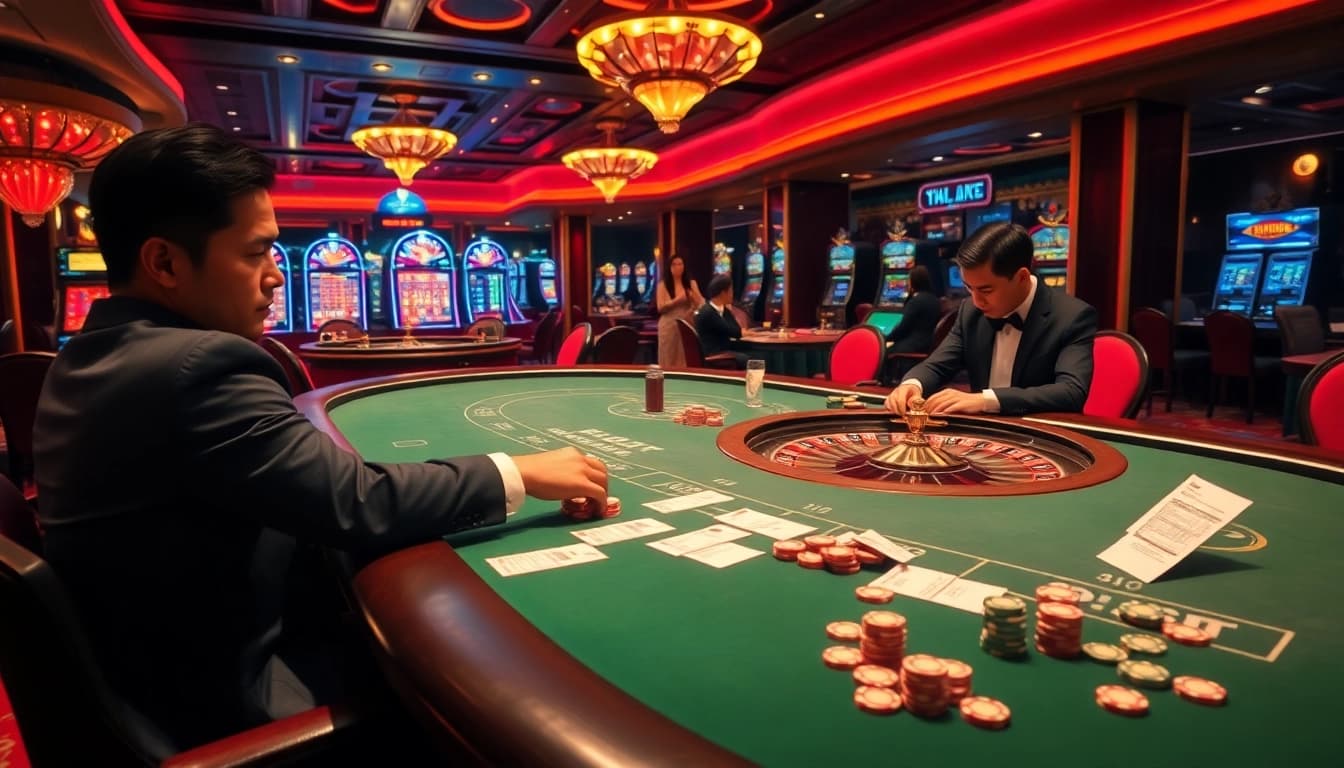 Tỷ lệ kèo displayed as players engage in exciting betting at a luxurious casino table scene.
