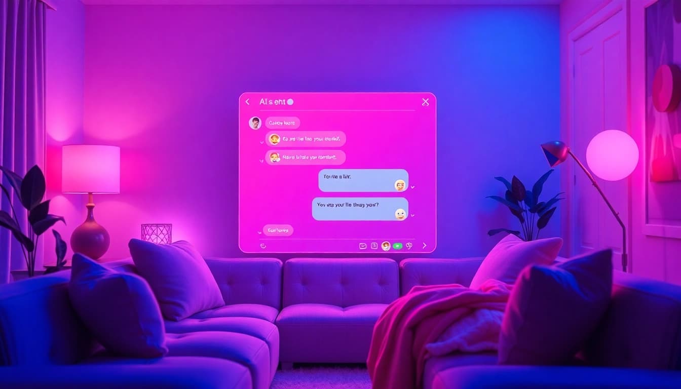 AI sex chat interactive scene with a cozy digital environment, animated character, and playful chat bubbles.