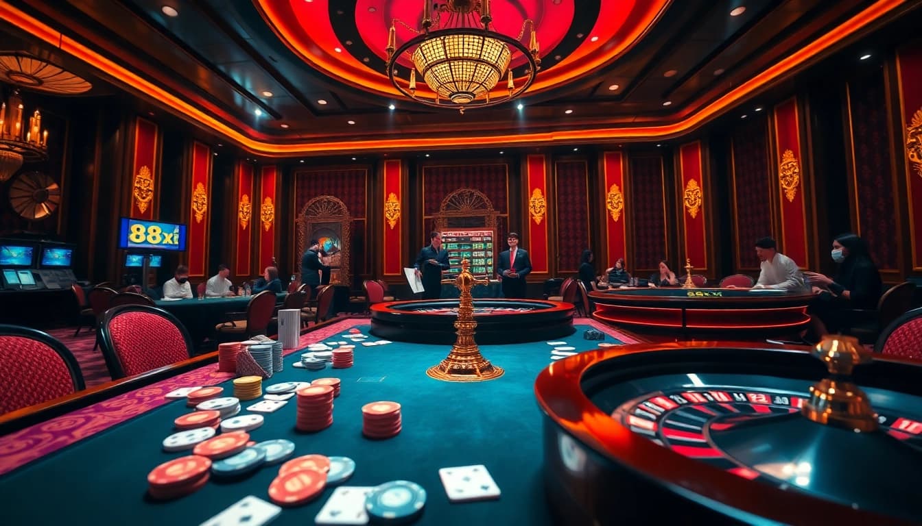 Experience excitement with the 88xx gaming table filled with vibrant poker chips and cards.