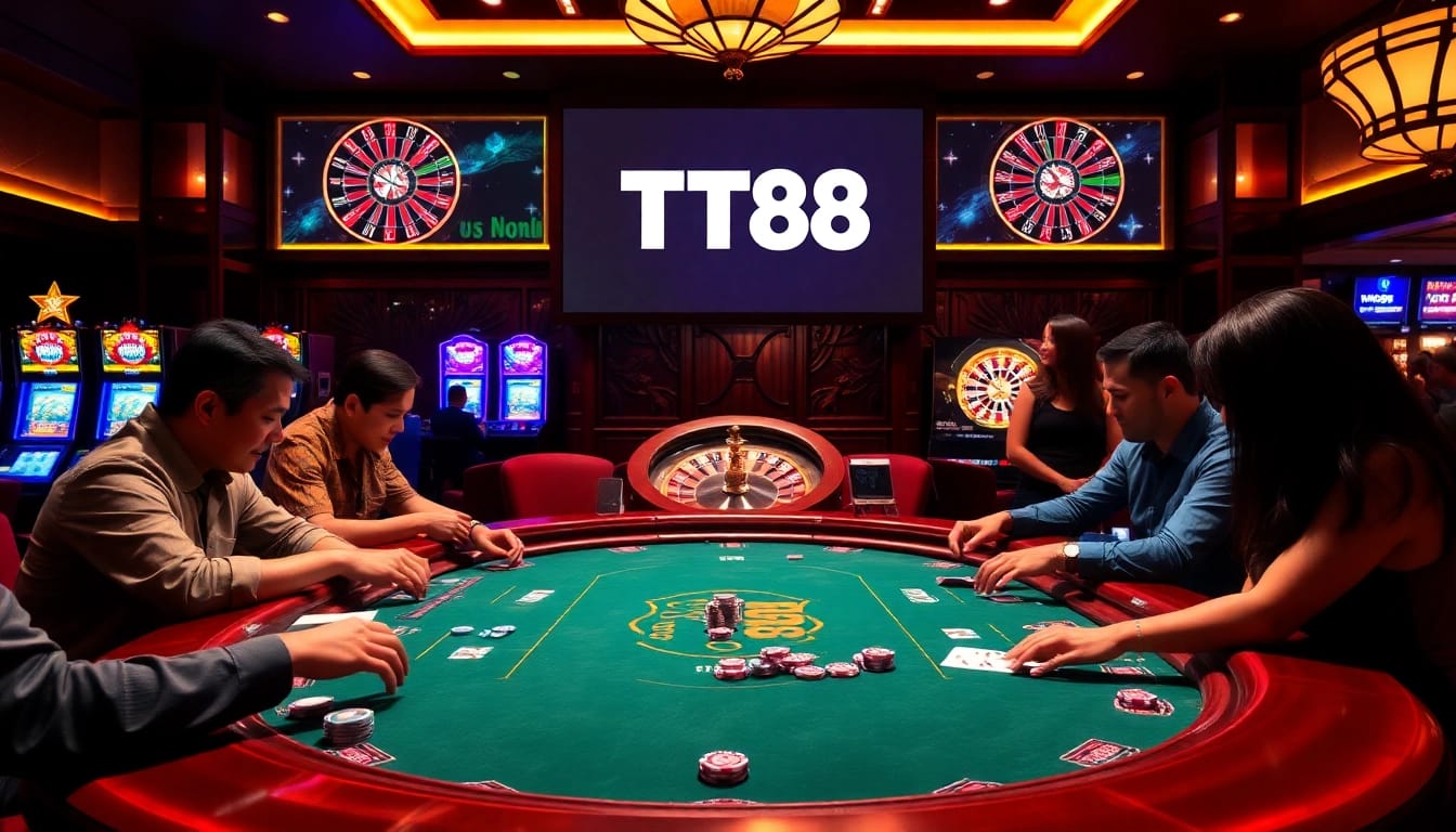 TT88 table game with professional poker players and vibrant casino atmosphere.