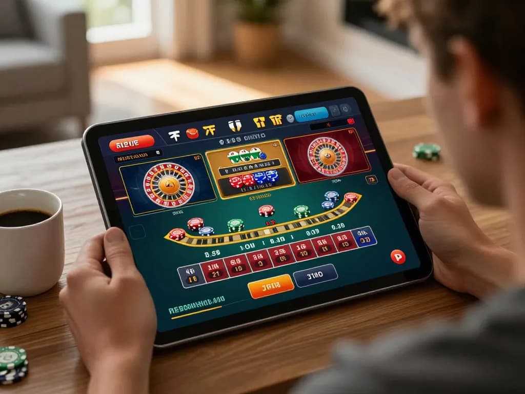 FB88 online gaming experience with a tablet showing live dealer games and strategic betting.