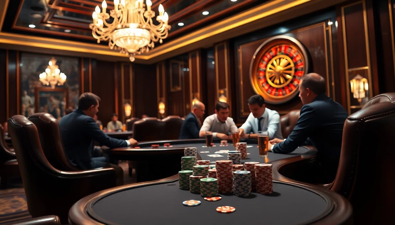 S8 poker game's exciting atmosphere with vibrant chips and cards in an upscale casino setting.
