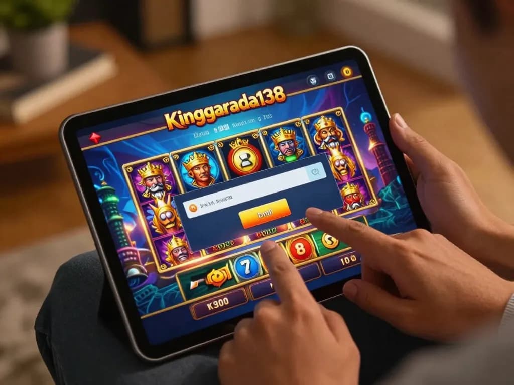 Player engaging with kinggaruda138 online casino interface on tablet in cozy home environment.