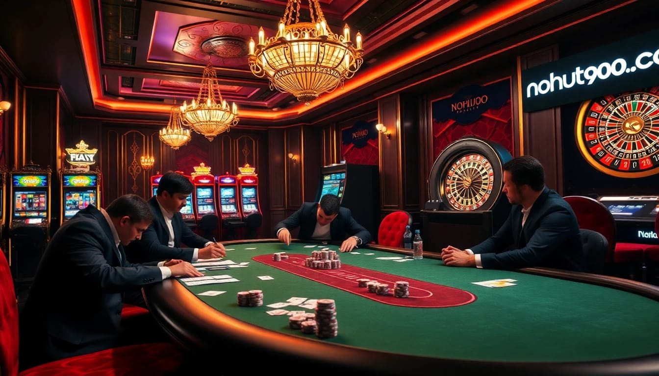 Nohu90.com offers an exciting casino experience with poker tables and vibrant slot machines.