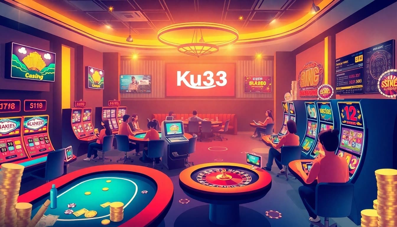 Cảnh tương tác của Ku3933 Web, với một sòng casino trực tuyến sinh động có trò chơi trực tiếp và các lựa chọn cược hấp dẫn.