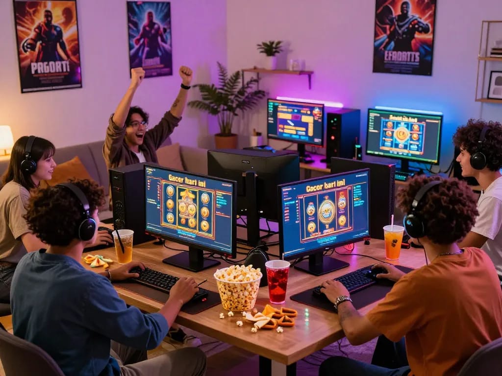 Exciting friends celebrating their wins playing slot gacor hari ini games together in a cozy living room.