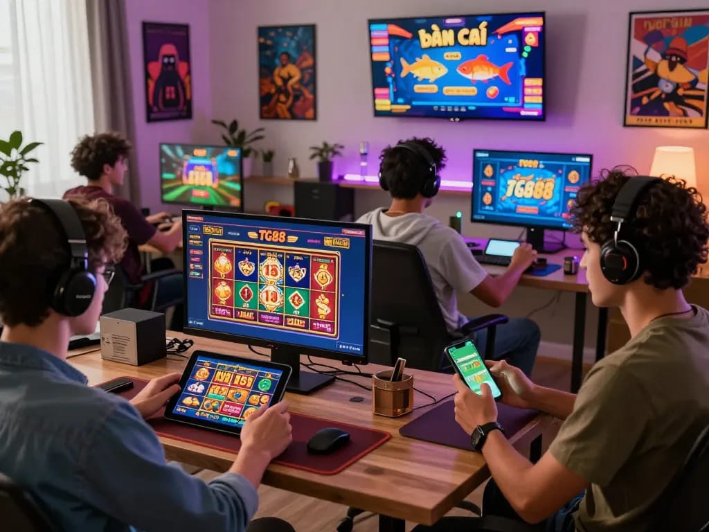 Users engaging with TG88 online betting platform, showcasing dynamic gaming experiences including slots and sports betting.