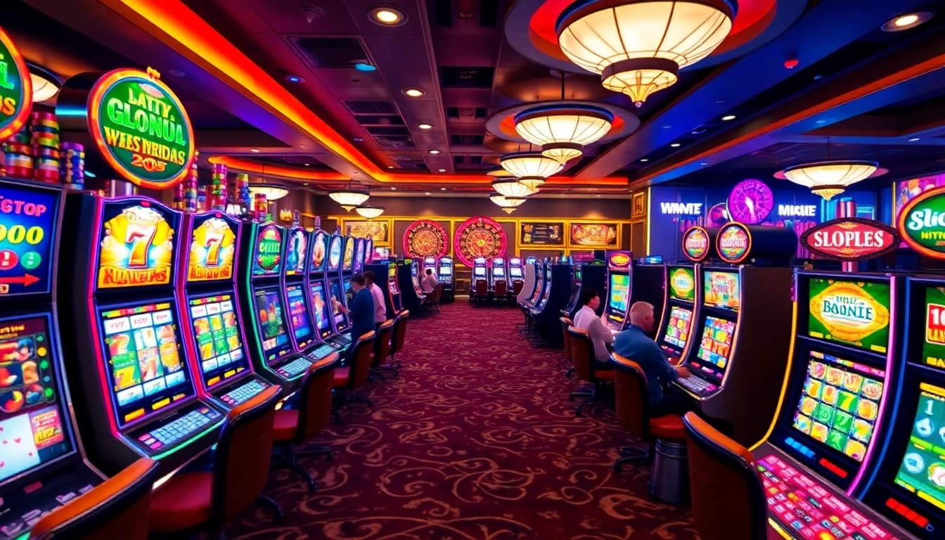 Exciting scene of players engaging at slo365 slot machines in a vibrant casino setting.