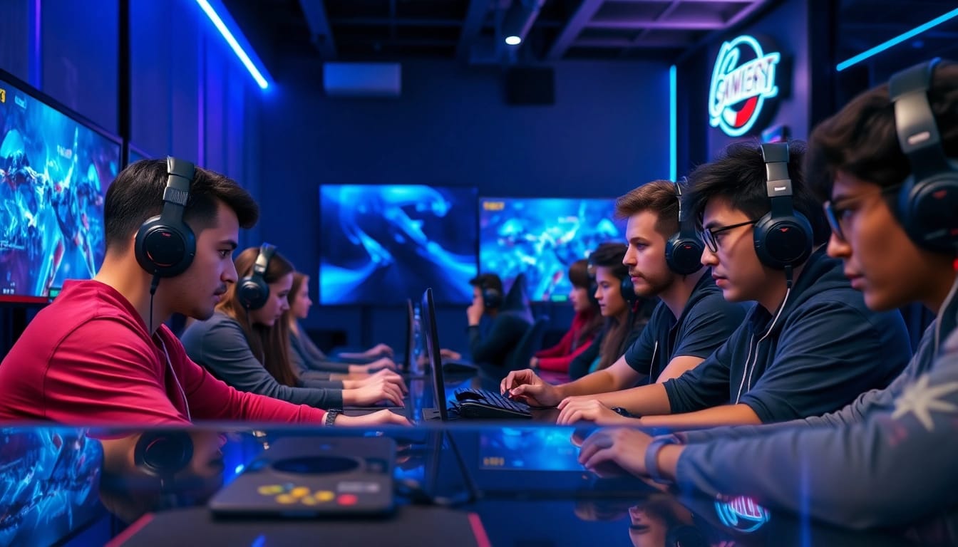 Gamers intensely focusing on their strategy in a competitive environment, showcasing 79king winning team spirit.
