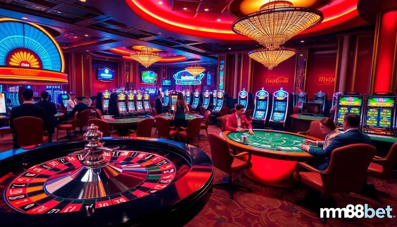 Players enjoying a variety of games at a luxurious casino, highlighting mm88bet excitement.