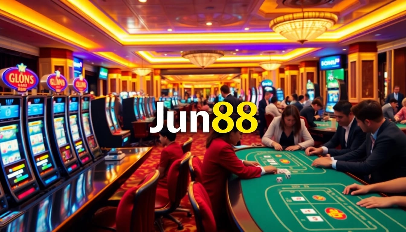 Players engaging in an immersive online gambling experience with Jun88 branding prominently displayed.