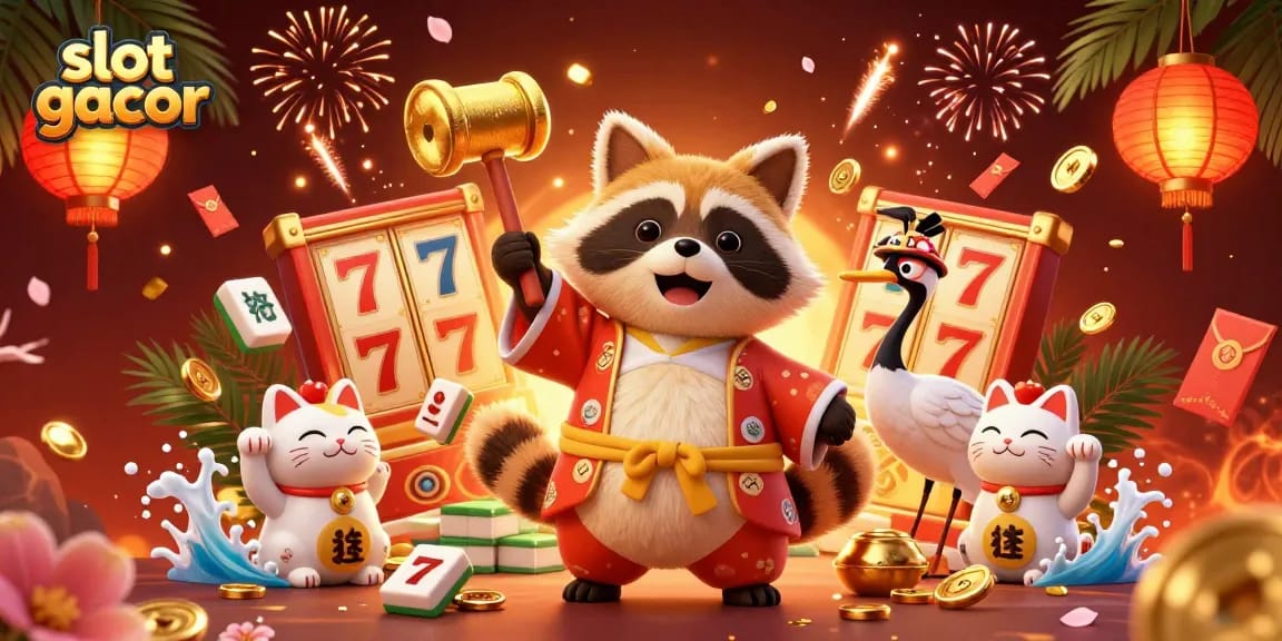Win big with slot gacor in this vibrant 3D casino scene featuring a cheerful tanuki and lucky symbols.