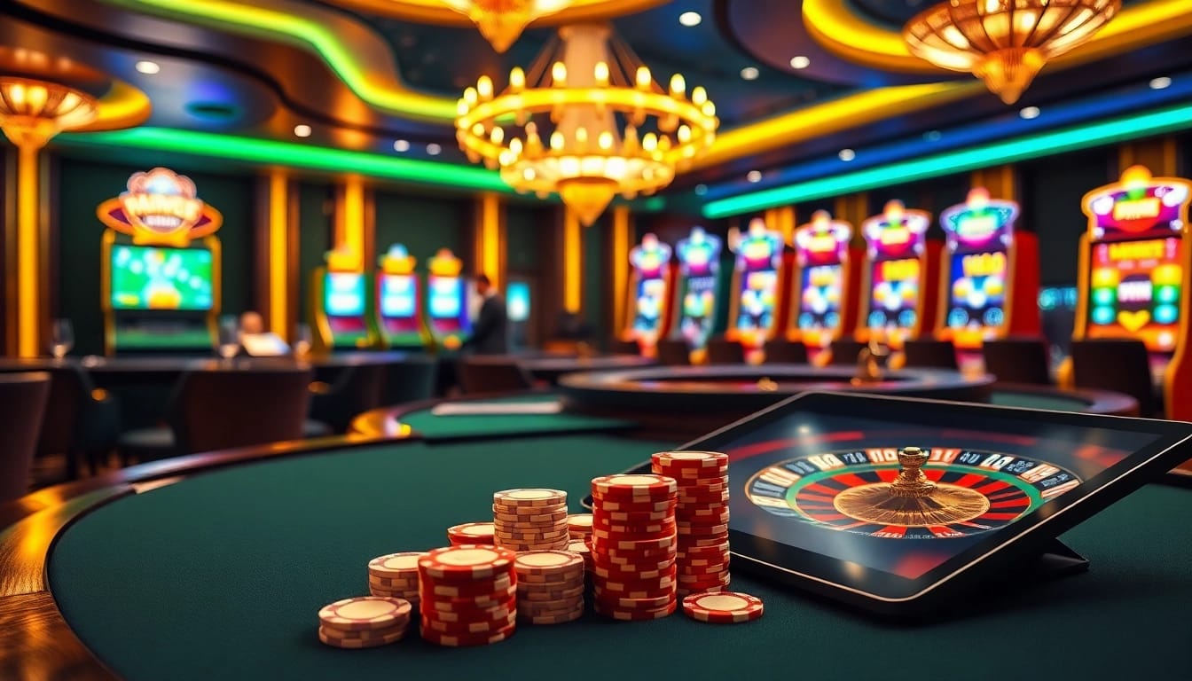 Scène de casino en ligne engageante avec des tables de jeu vibrantes et des jetons de poker à enjeux élevés.