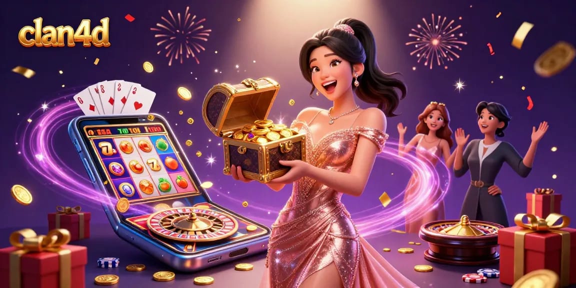 Win big with clan4d as a joyful Asian woman presents overflowing treasures in a dazzling casino scene.