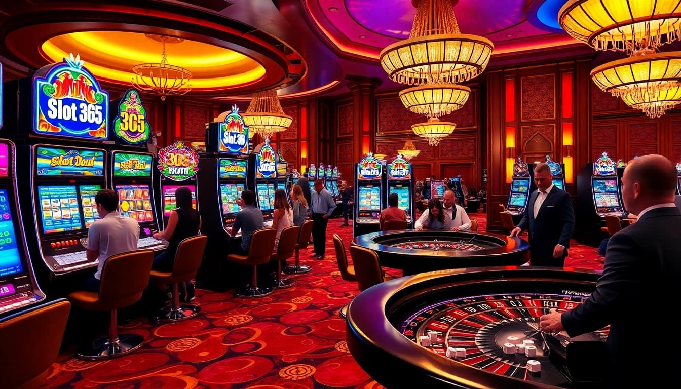 Excited gamblers playing slot 365 games at a luxurious casino scene with vibrant slots.